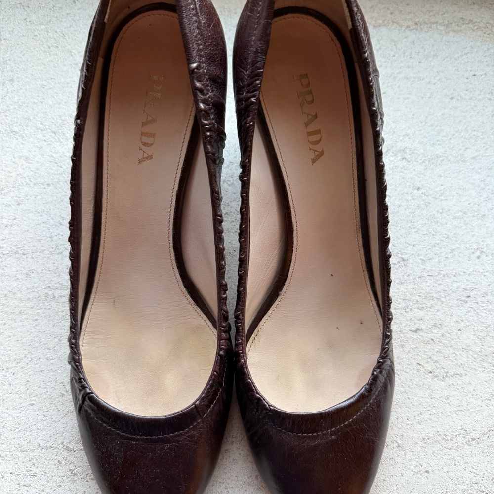 PRADA pumps block heel 39.5 brown chocolate gathered around leather - Picture 3 of 8